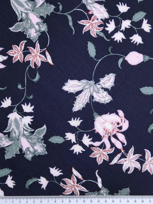* SPECIAL * Pastel Nightshade Flowers on Navy Crinkle Rayon