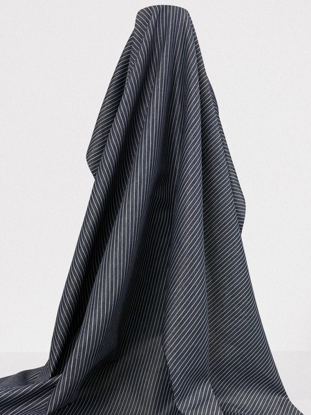 White Pinstripes on Navy Polished Linen Cotton Shirting
