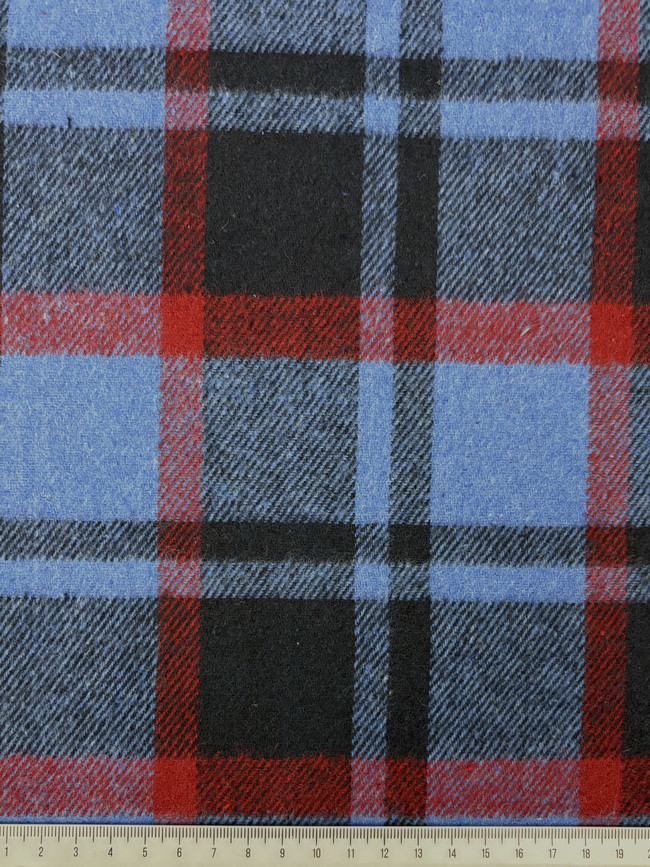 Mid Blue, Red & Black Tartan Check Brushed Wool Blend