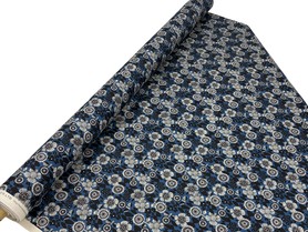 Black Tones Japanese Blossoms on Blue Mid-weight Premium Cotton