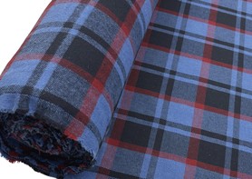 Mid Blue, Red & Black Tartan Check Brushed Wool Blend
