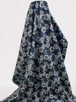 Black Tones Japanese Blossoms on Blue Mid-weight Premium Cotton