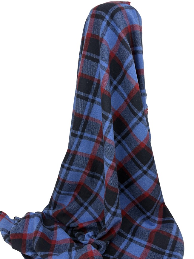 Mid Blue, Red & Black Tartan Check Brushed Wool Blend