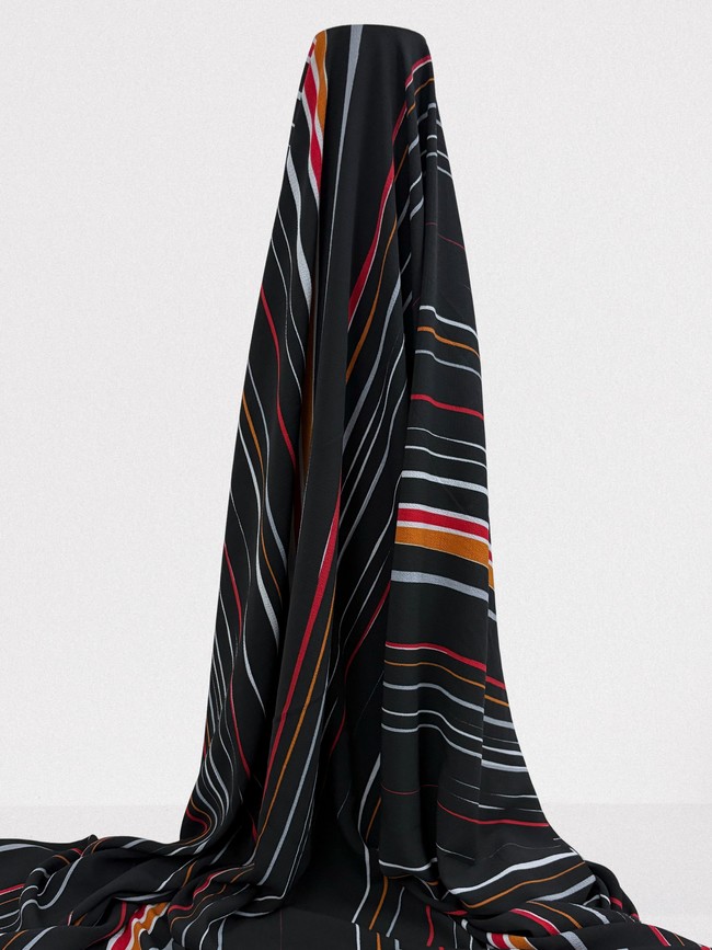 Slashes & Stripes on Black Light-Weight Polyester Crepe